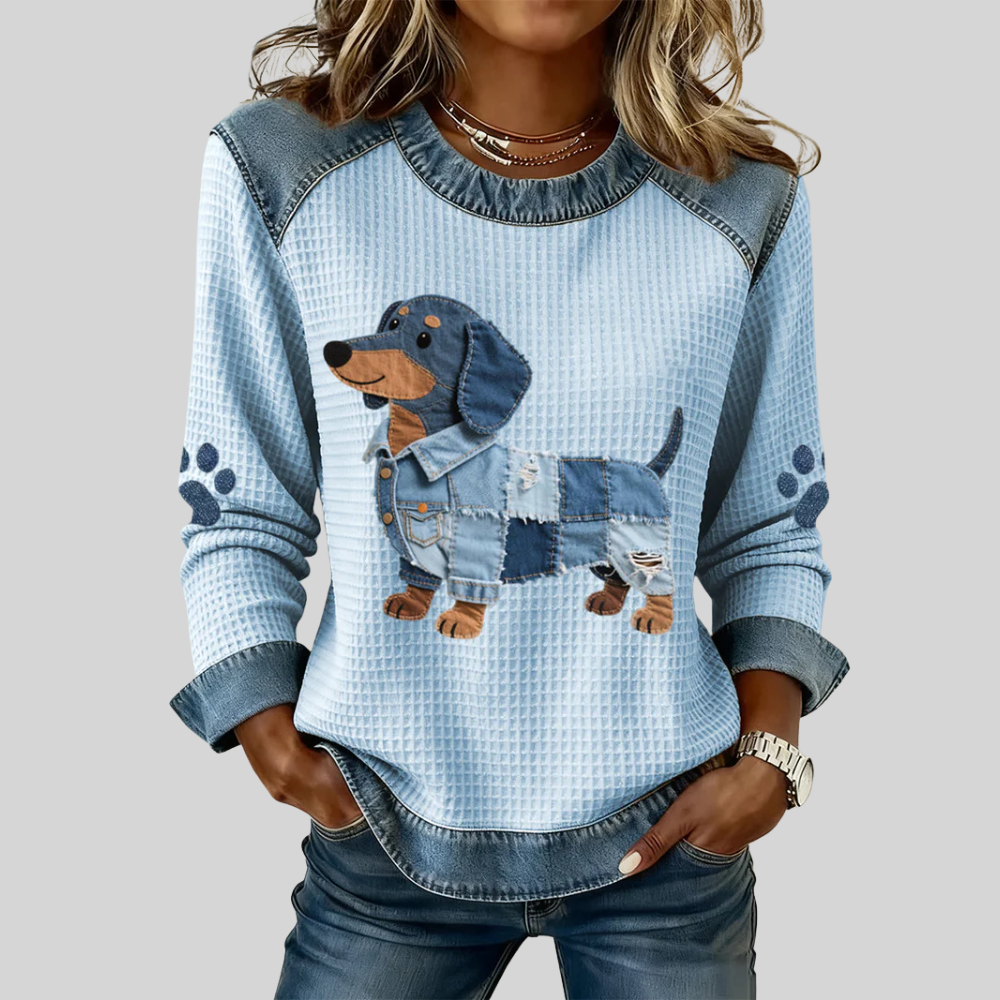 Nuria - Perro salchicha encantador con patchwork denim - Van Moreau Utrecht