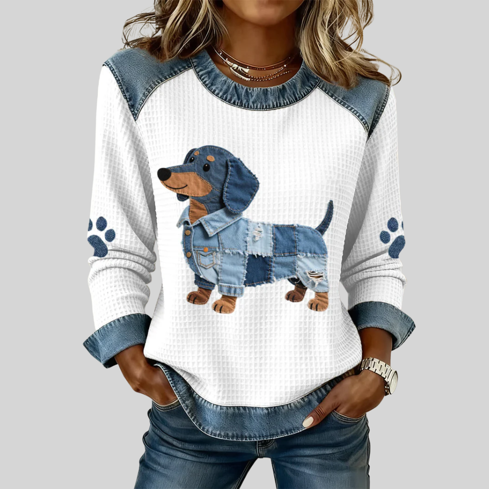 Nuria - Perro salchicha encantador con patchwork denim - Van Moreau Utrecht