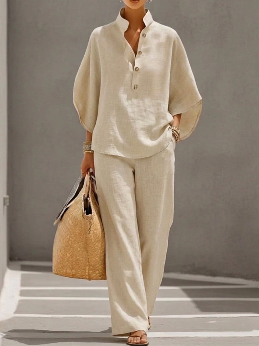 Mariel | Ensemble Coton Lin Manches Chauve-Souris Pantalon Large - Van Moreau Utrecht
