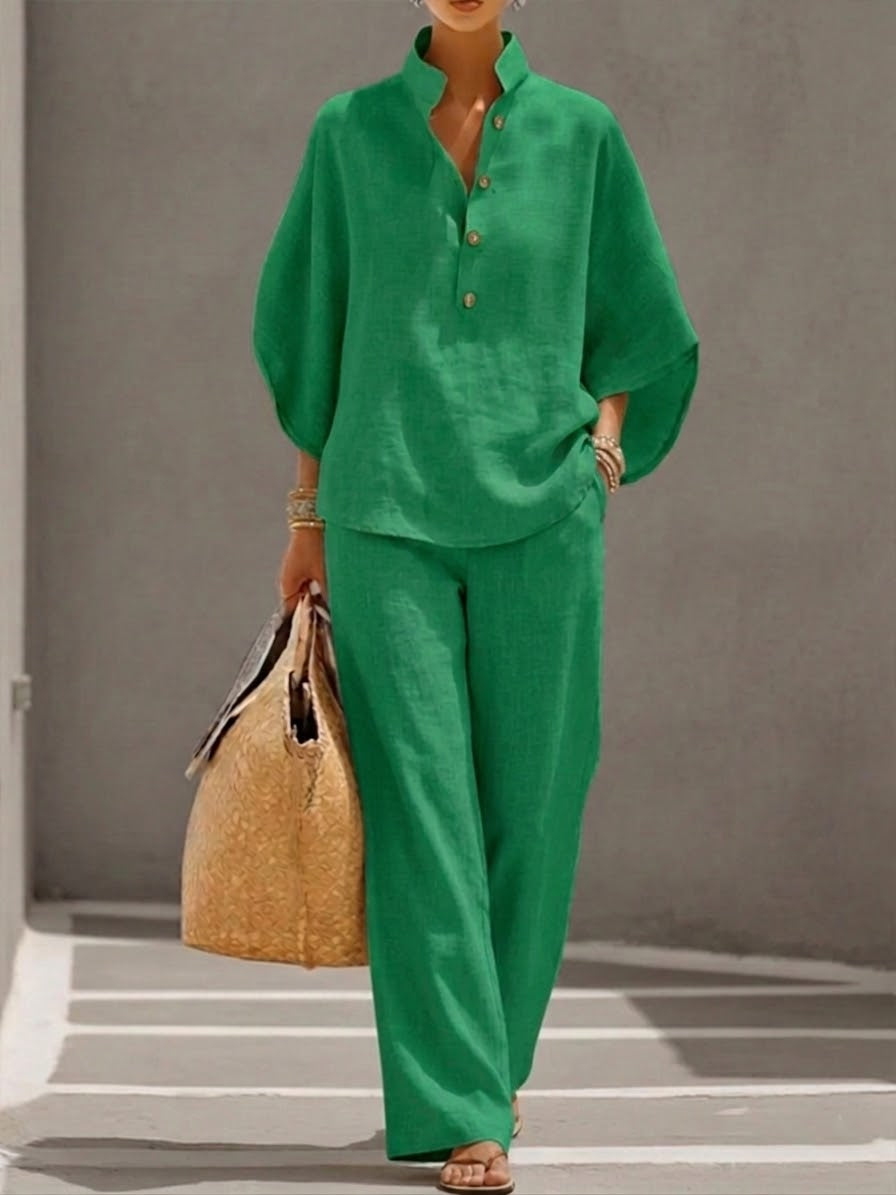 Mariel | Ensemble Coton Lin Manches Chauve-Souris Pantalon Large - Van Moreau Utrecht