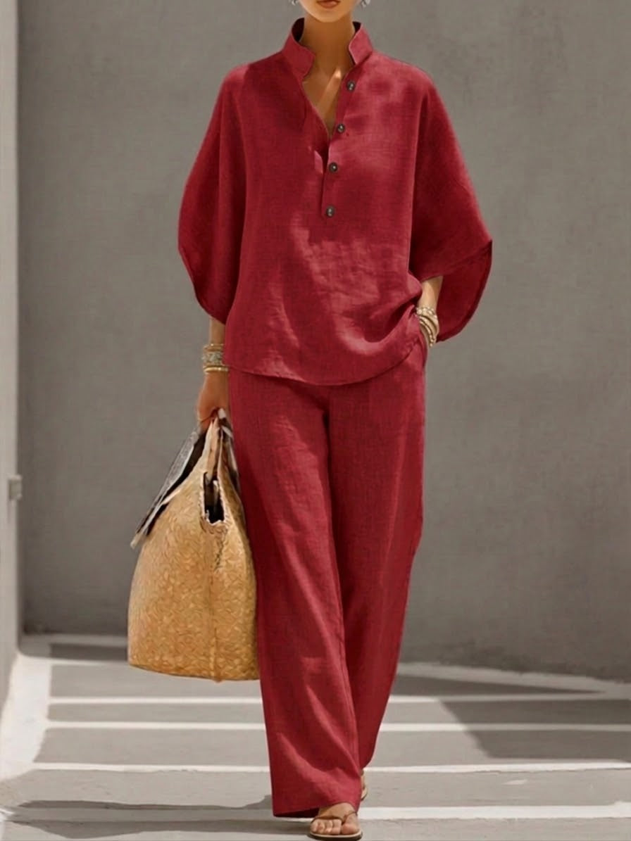 Mariel | Ensemble Coton Lin Manches Chauve-Souris Pantalon Large - Van Moreau Utrecht