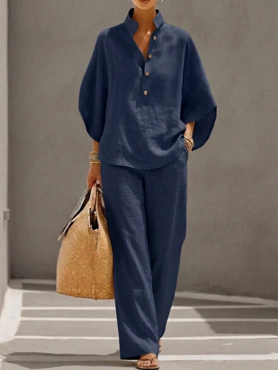 Mariel | Ensemble Coton Lin Manches Chauve-Souris Pantalon Large - Van Moreau Utrecht