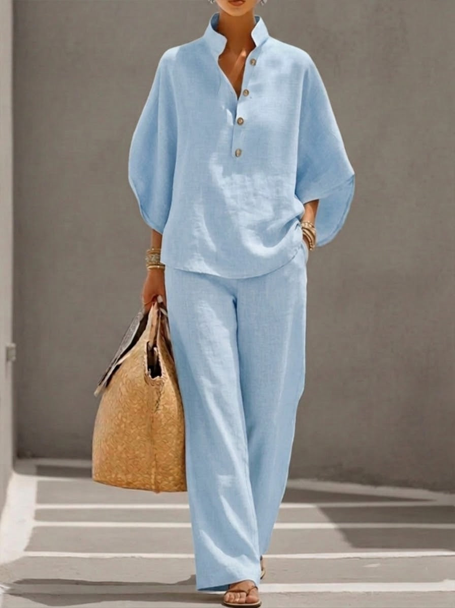 Mariel | Ensemble Coton Lin Manches Chauve-Souris Pantalon Large - Van Moreau Utrecht