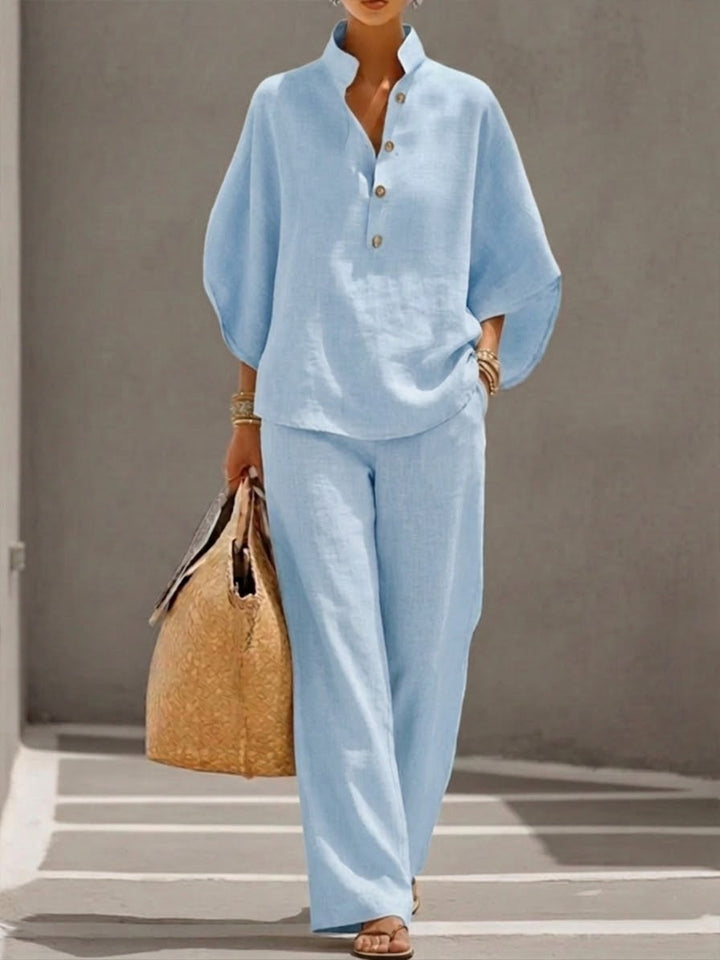 Mariel | Ensemble Coton Lin Manches Chauve-Souris Pantalon Large - Van Moreau Utrecht
