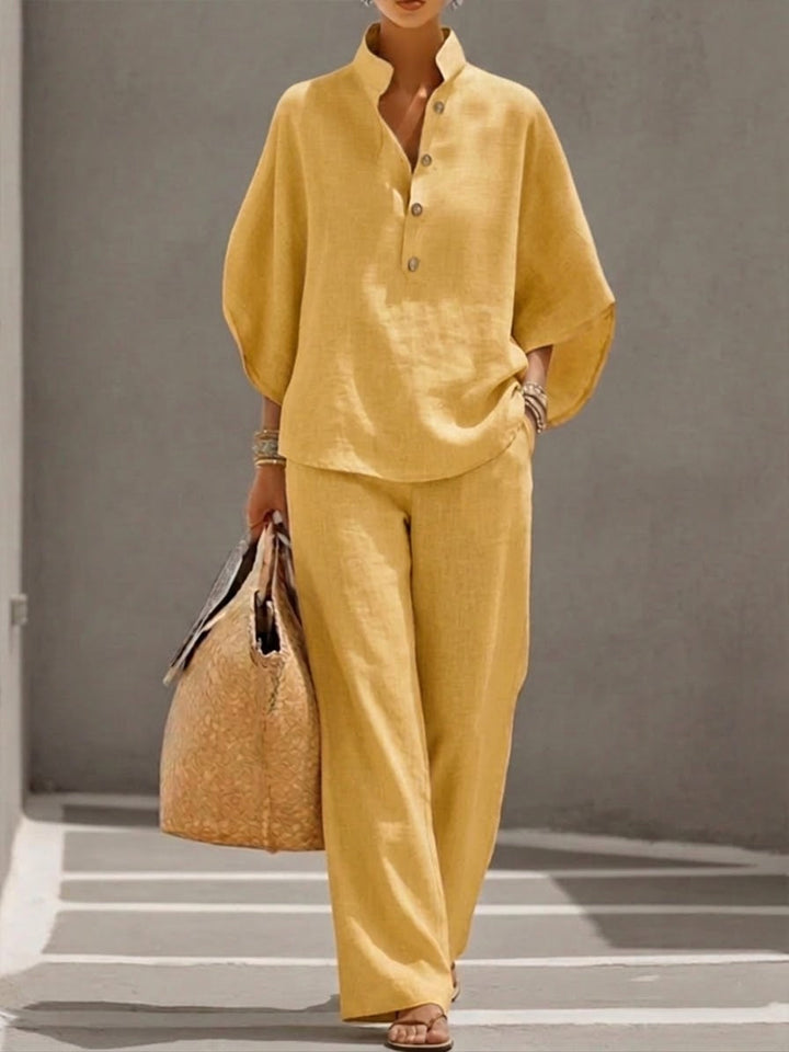 Mariel | Ensemble Coton Lin Manches Chauve-Souris Pantalon Large - Van Moreau Utrecht